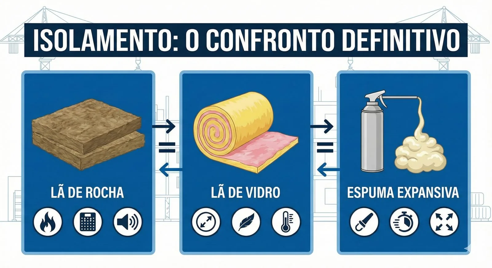 Comparativo de isolantes térmicos: lã de rocha, lã de vidro e espuma expansiva