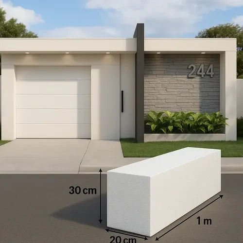 Bloco de EPS cotado com 30 cm de altura, 20 cm de largura e 1 m de comprimento diante de uma fachada térrea