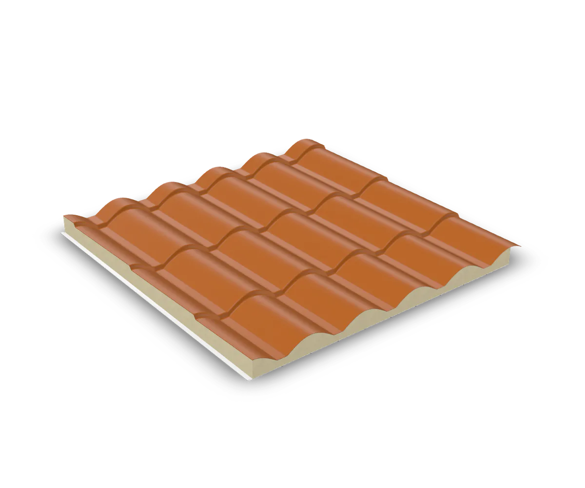 Isotelha Colonial 5 Ondas Kingspan Isoeste: telha térmica sanduíche terracota com núcleo PIR e forro branco