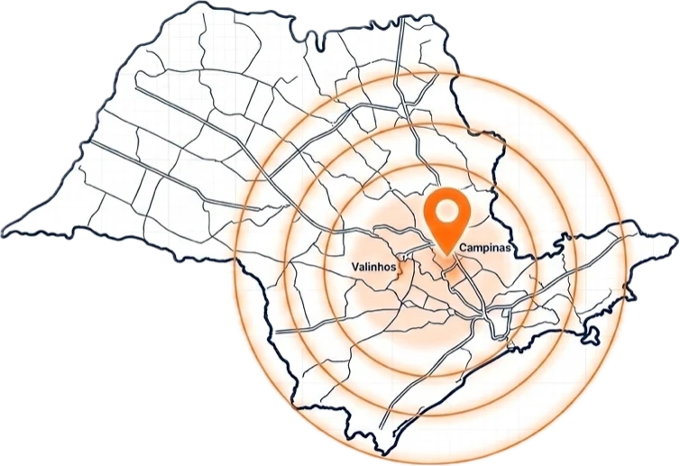 Mapa do estado de São Paulo com Campinas destacada como base de atendimento da Isolamax